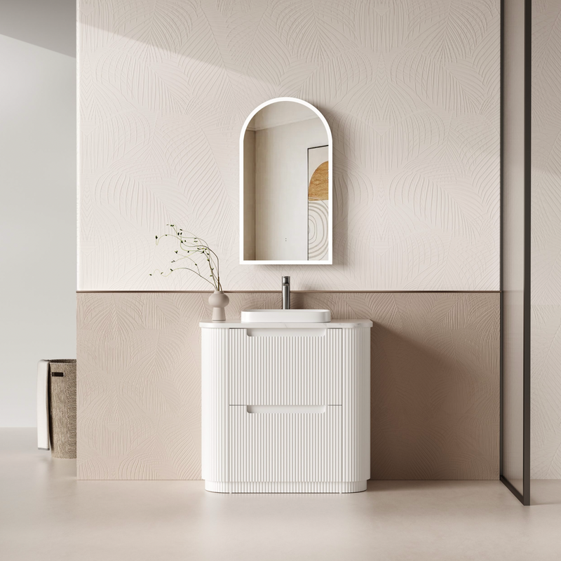 900mm Curved v- groove double draw matte white floor standing vanity