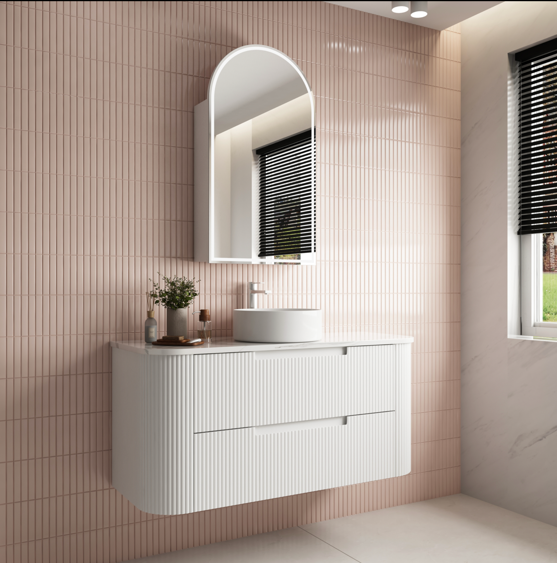 1200mm matte white wall hung fluted vanity with finger pull soft close drawers 