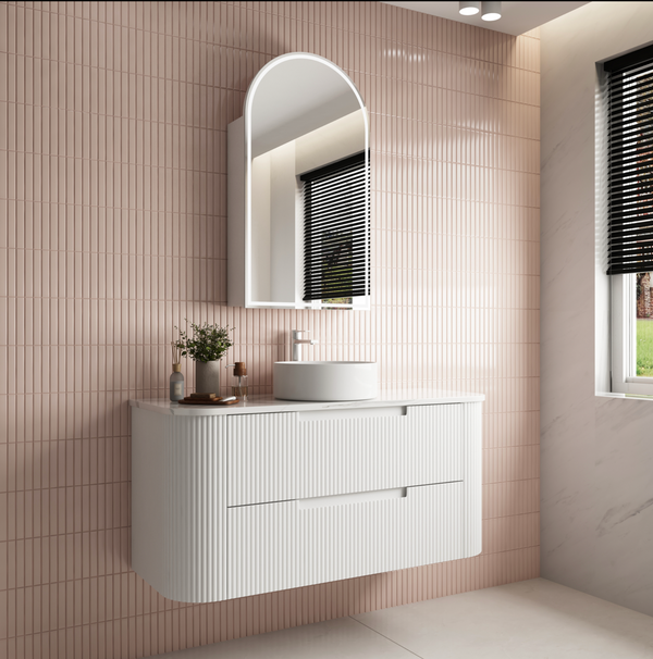 1200mm matte white wall hung fluted vanity with finger pull soft close drawers 