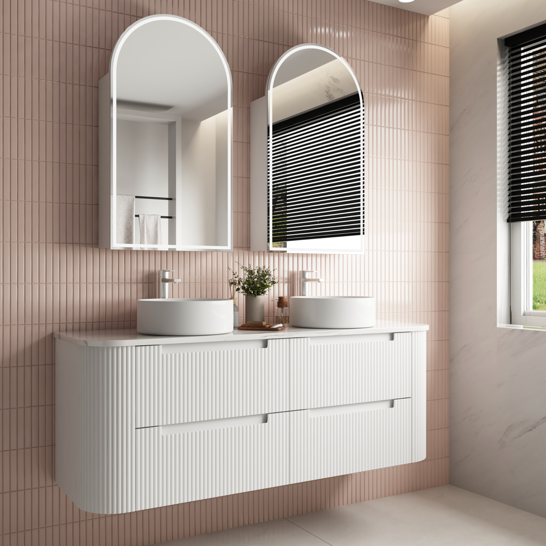 1500mm matte white wall hung fluted vanity with four finger pull soft close drawers 