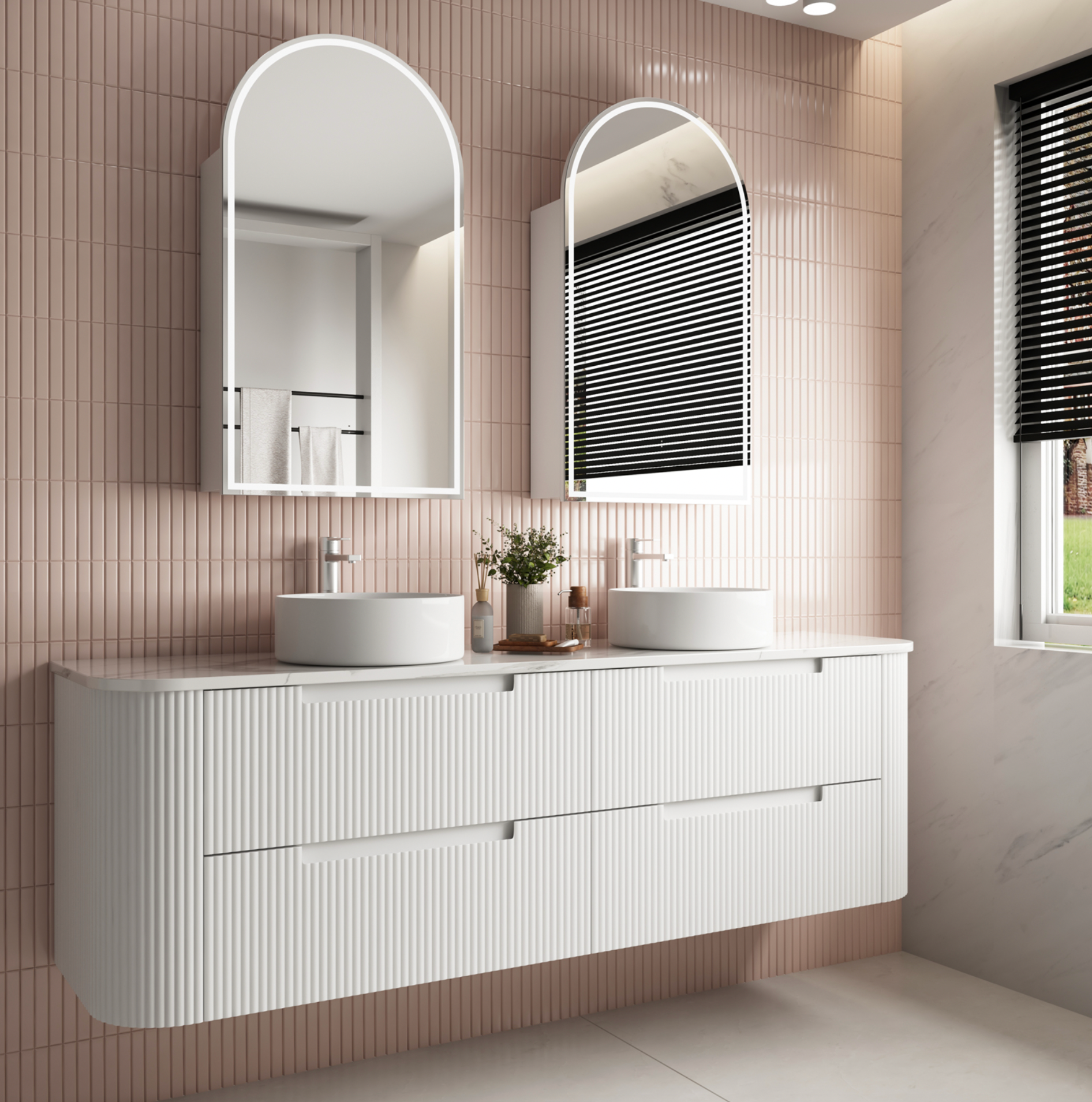 A modern white fluted wall hung vanity with matte finish, featuring four drawers and double basins, s