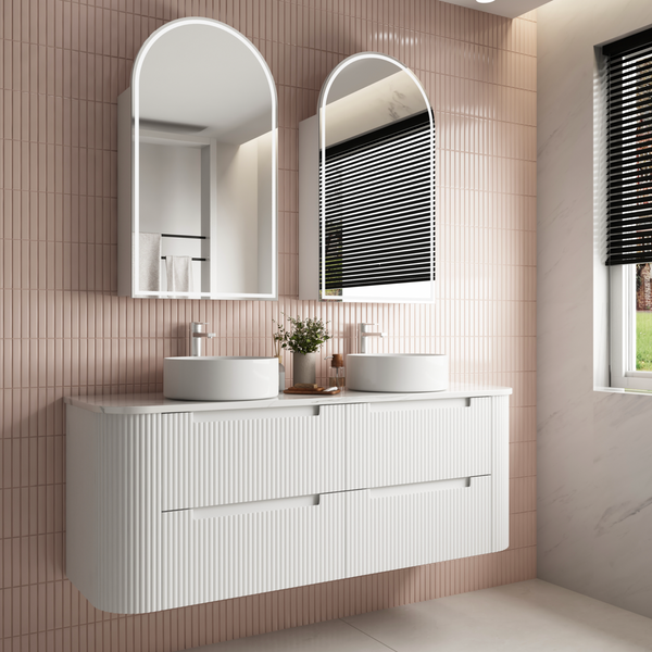 1800mm matte white wall hung fluted vanity with four finger pull soft close drawers 