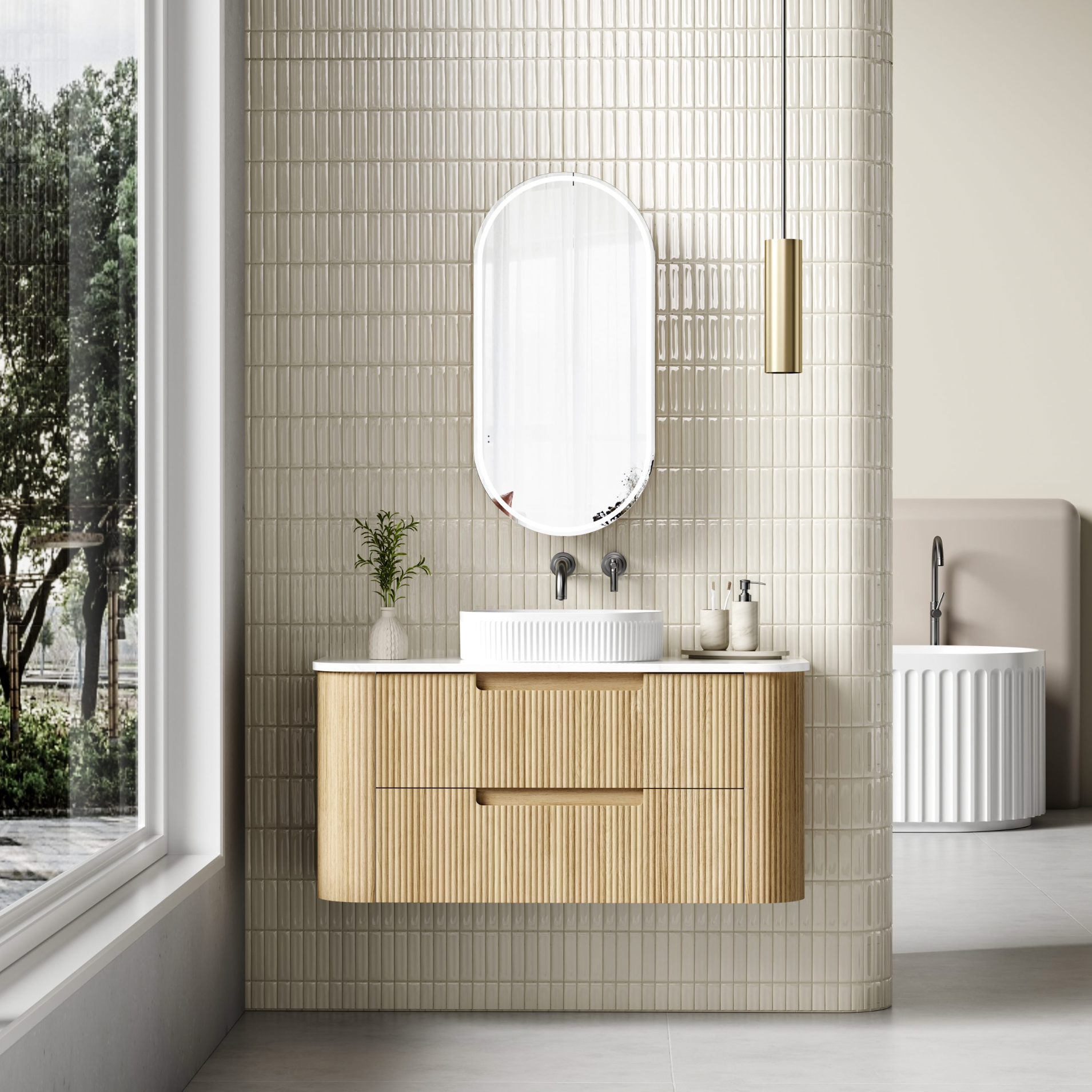 1200mm Curved fluted double Finger Pull drawers Oak wall hung vanity