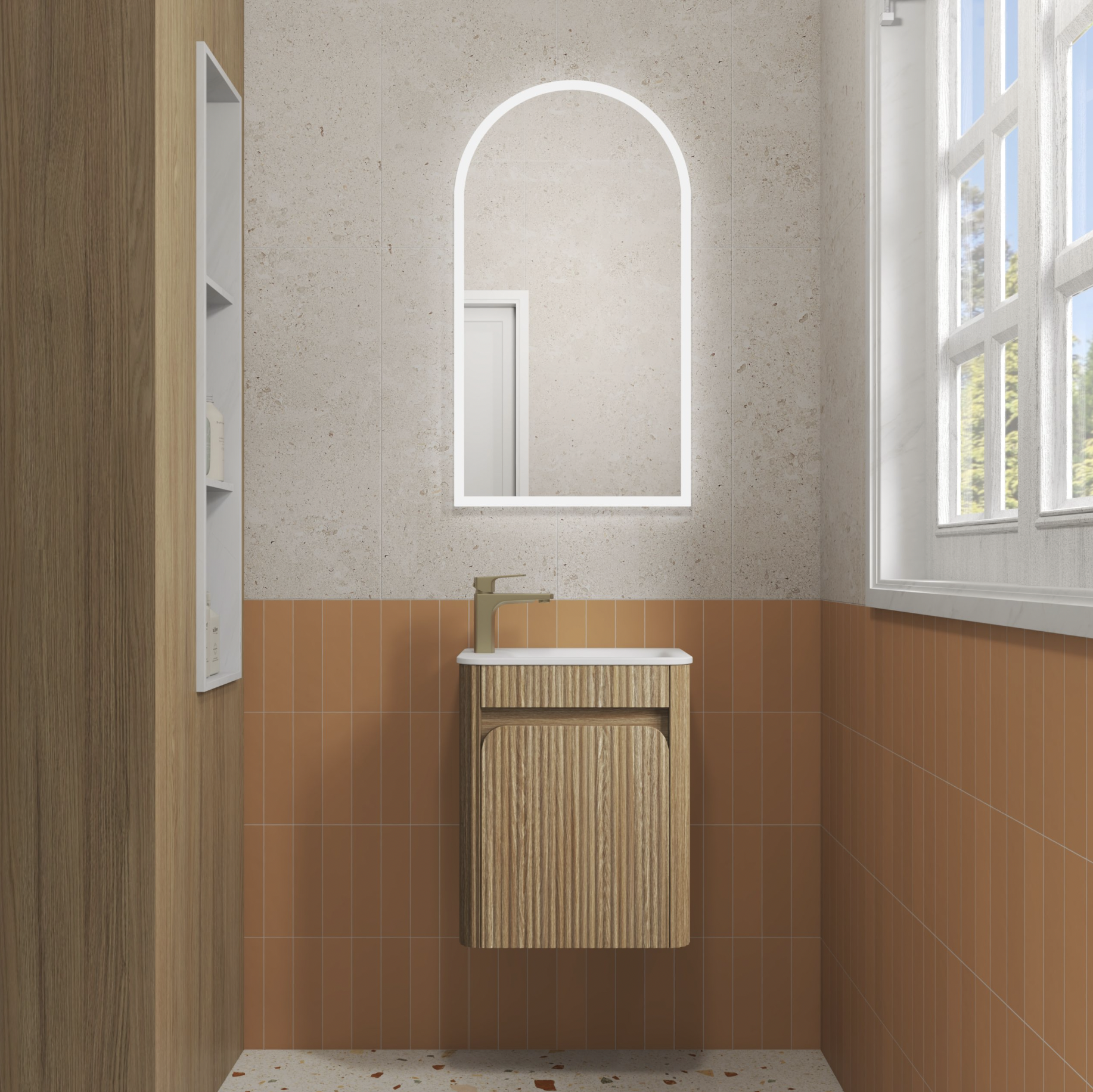 Harvest Oak Finger pull wall hung grooved vanity