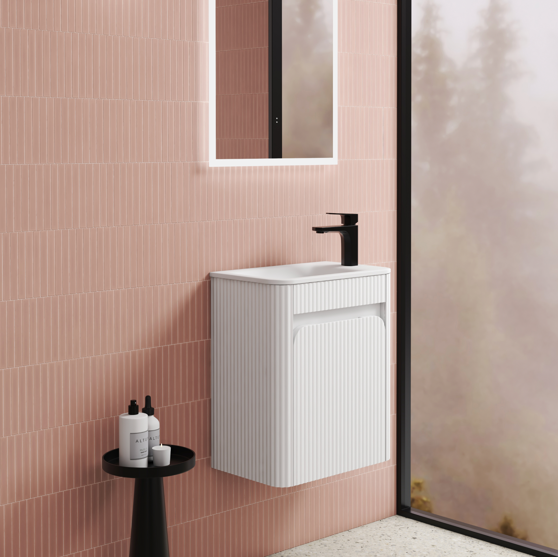 matte White Finger pull wall hung grooved vanity
