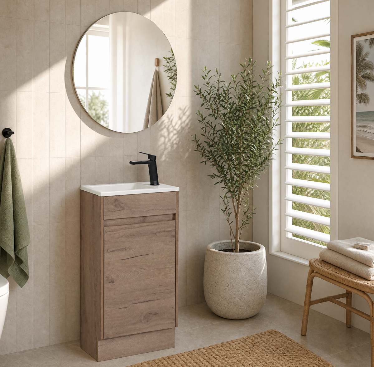 A modern bathroom vanity cabinet with a white sink basin and matte black faucet, set against beige tiled walls. A round wall mirror hangs above, and a large potted olive tree stands in a ceramic pot beside a window with white shutters.