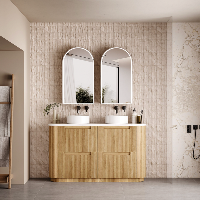1500mm Curved fluted double Finger Pull drawers Oak floor standing vanity