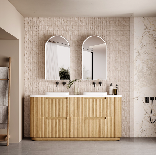 1800mm Curved fluted double Finger Pull drawers Oak floor standing vanity
