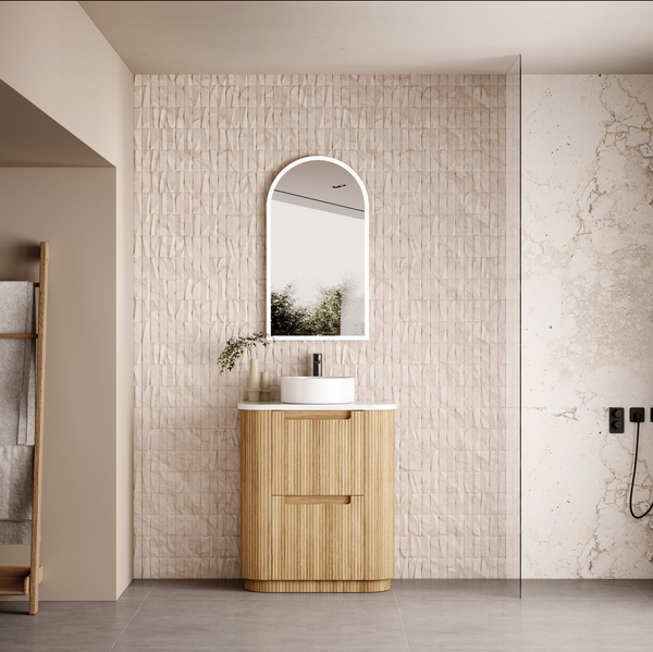 700mm Curved fluted double Finger Pull drawers Oak floor standing vanity