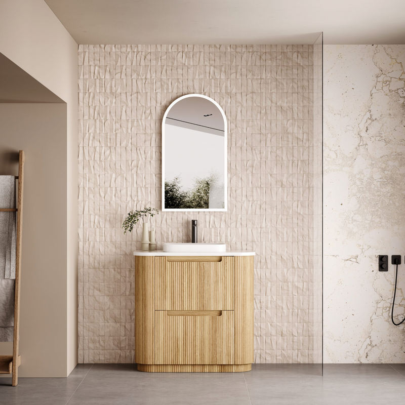 900mm Curved fluted double Finger Pull drawers Oak floor standing vanity