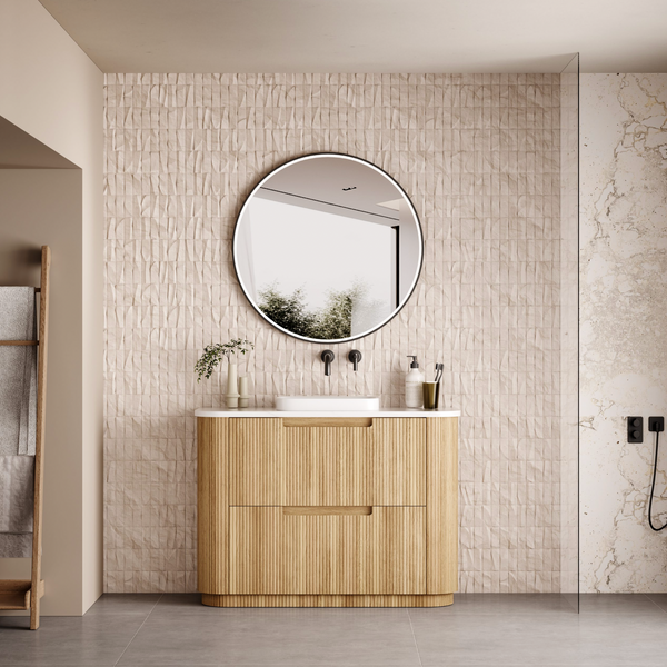 1200mm Curved fluted double Finger Pull drawers Oak wall hung vanity