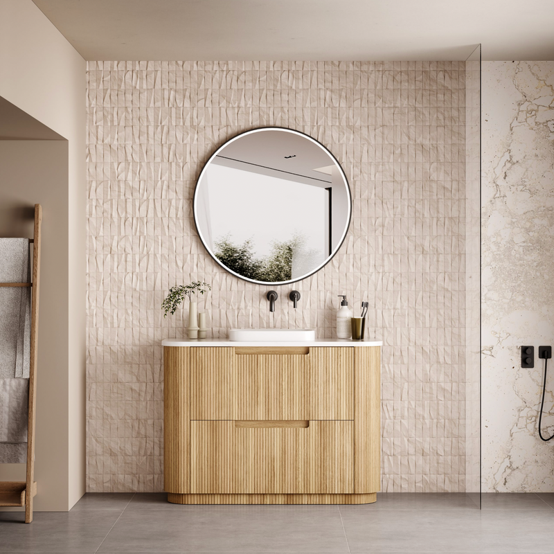 1200mm Curved fluted double Finger Pull drawers Oak wall hung vanity