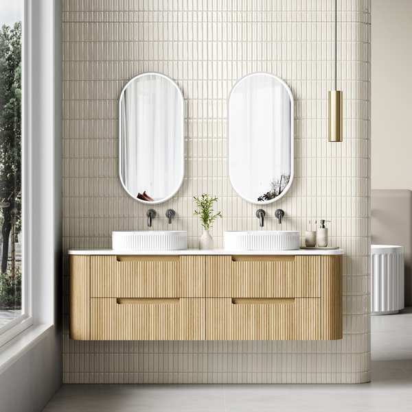 1800mm Curved fluted double Finger Pull four drawer Oak wall hung vanity