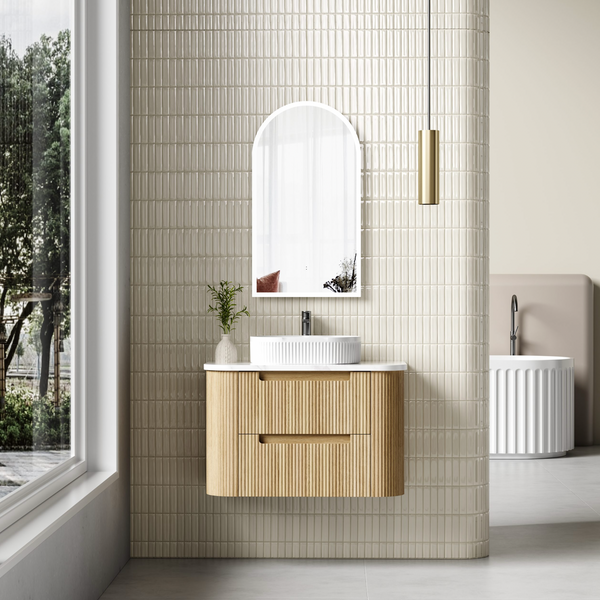 900mm Curved fluted double Finger Pull drawers Oak wall hung vanity