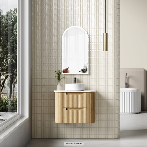 750mm Curved fluted double Finger Pull  drawers Oak wall hung vanity