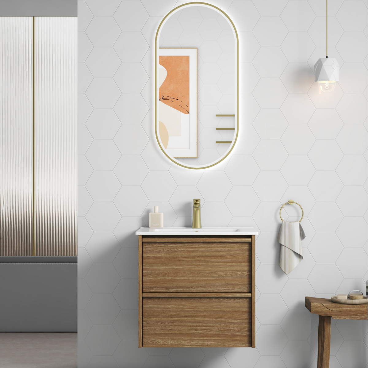 A modern bathroom vanity setup featuring a floating wood cabinet with a white Ceramic countertop and gold basin mixer tap.