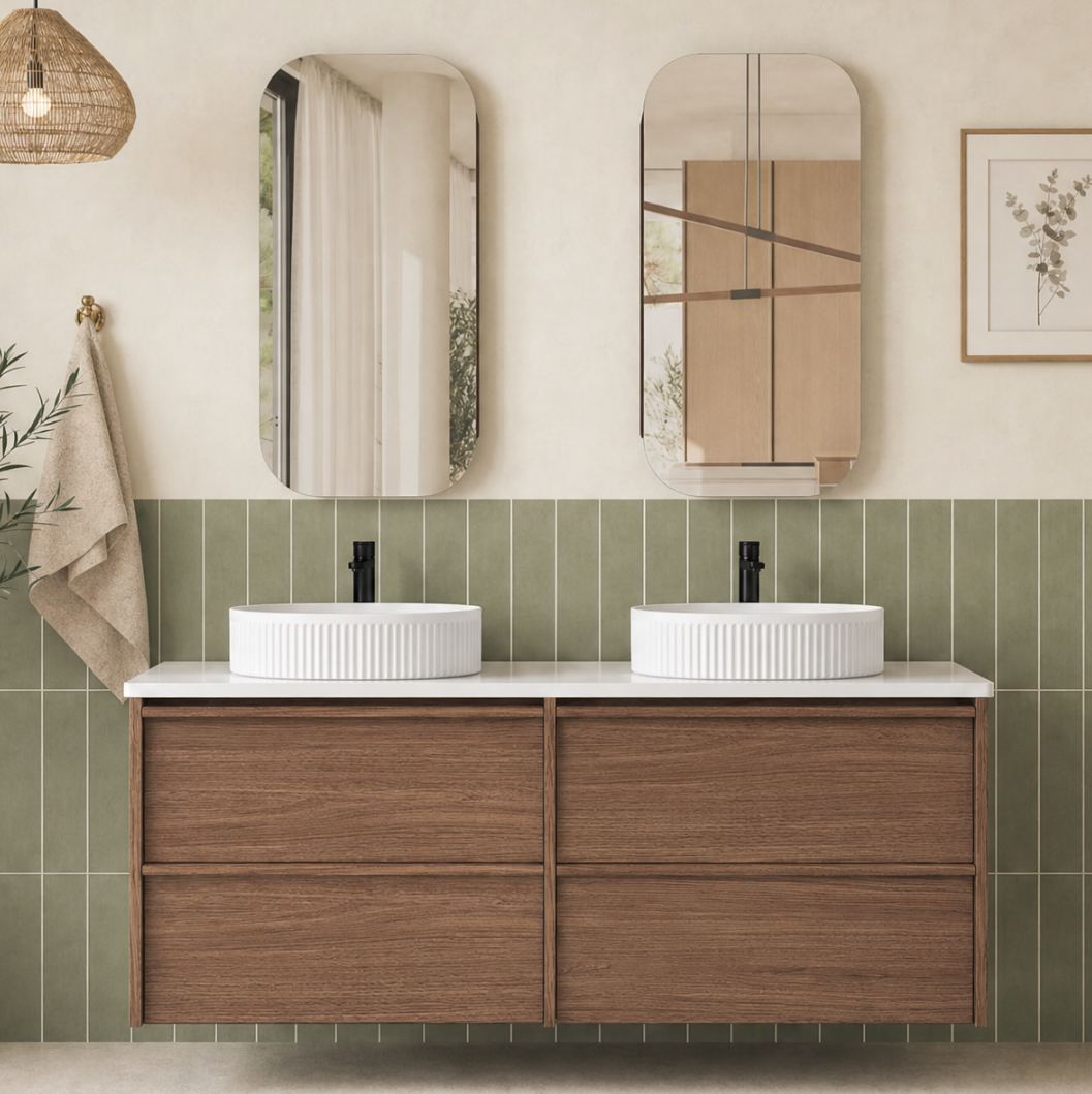 A modern bathroom scene featuring a floating double-basin vanity with a wood-grain cabinet, white countertop, and two white vessel basins. The wall behind the vanity is decorated with vertical sage green tiles and a warm beige upper wall.
