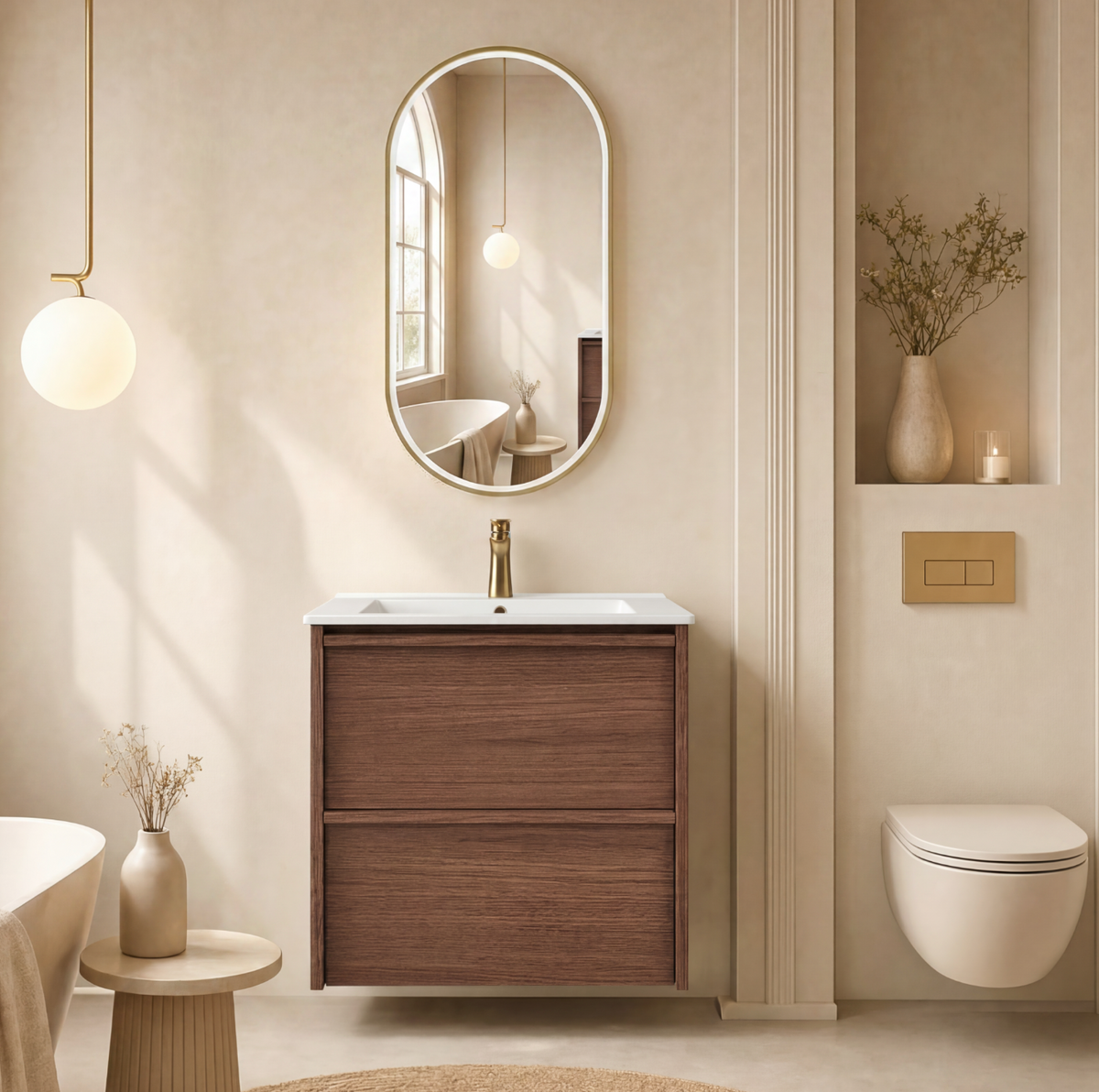 A modern bathroom vanity setup in a warm neutral-toned room, featuring a floating dark wood double-drawer cabinet with a white sink basin and gold faucet, a matching wall mirror, a wall-mounted toilet, a pendant light, and decorative ceramic vases.