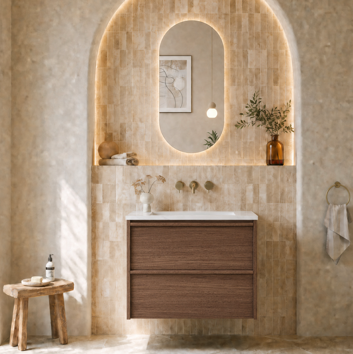 A modern floating bathroom vanity with a wood-look brown cabinet, white sink basin, and an illuminated oval mirror set in a beige tiled wall. The bathroom features warm textured plaster walls, natural light, and rustic decorative elements including a small wooden stool, a large ceramic vase, and a woven rug.