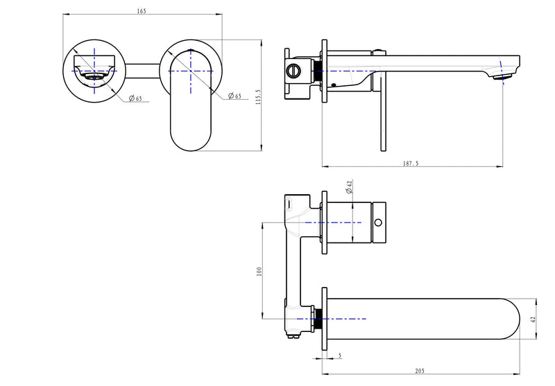 Linsol Capo 2-Plate Wall Basin/Bath Mixer Gun Metal