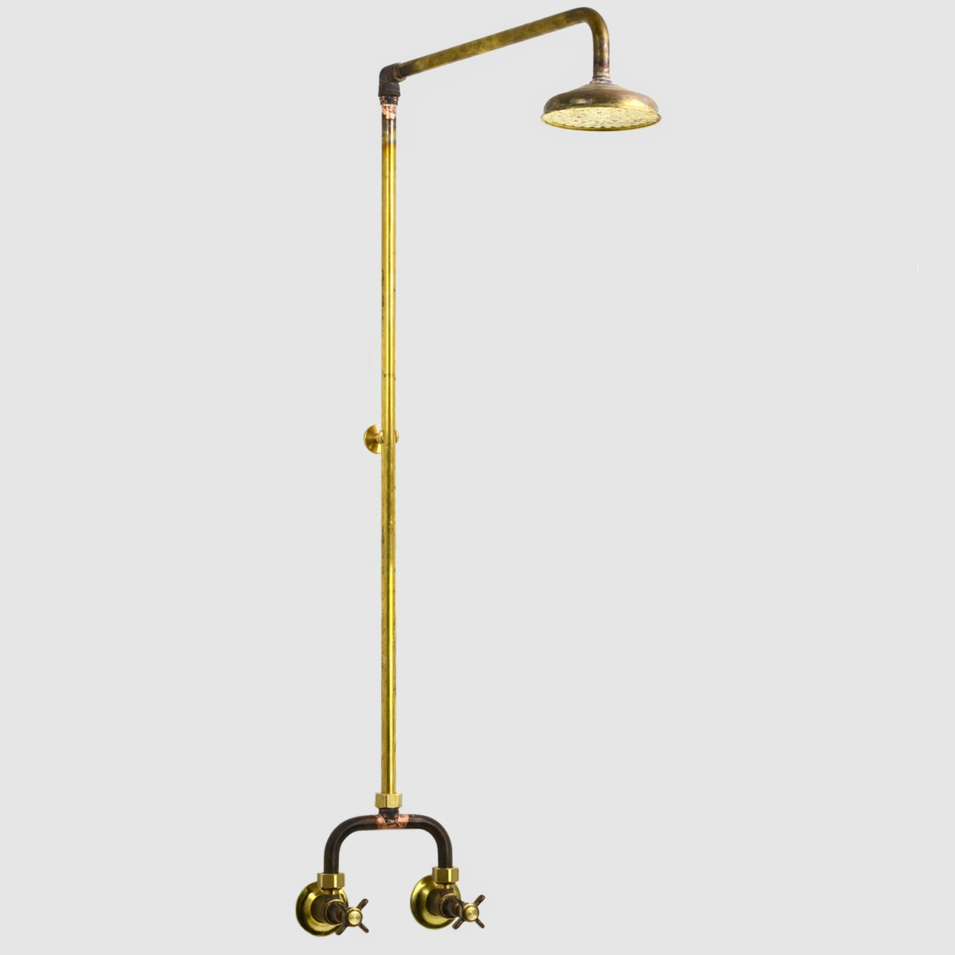 australian made old traditional style exposed shower with hot and cold traditional taps raw brass