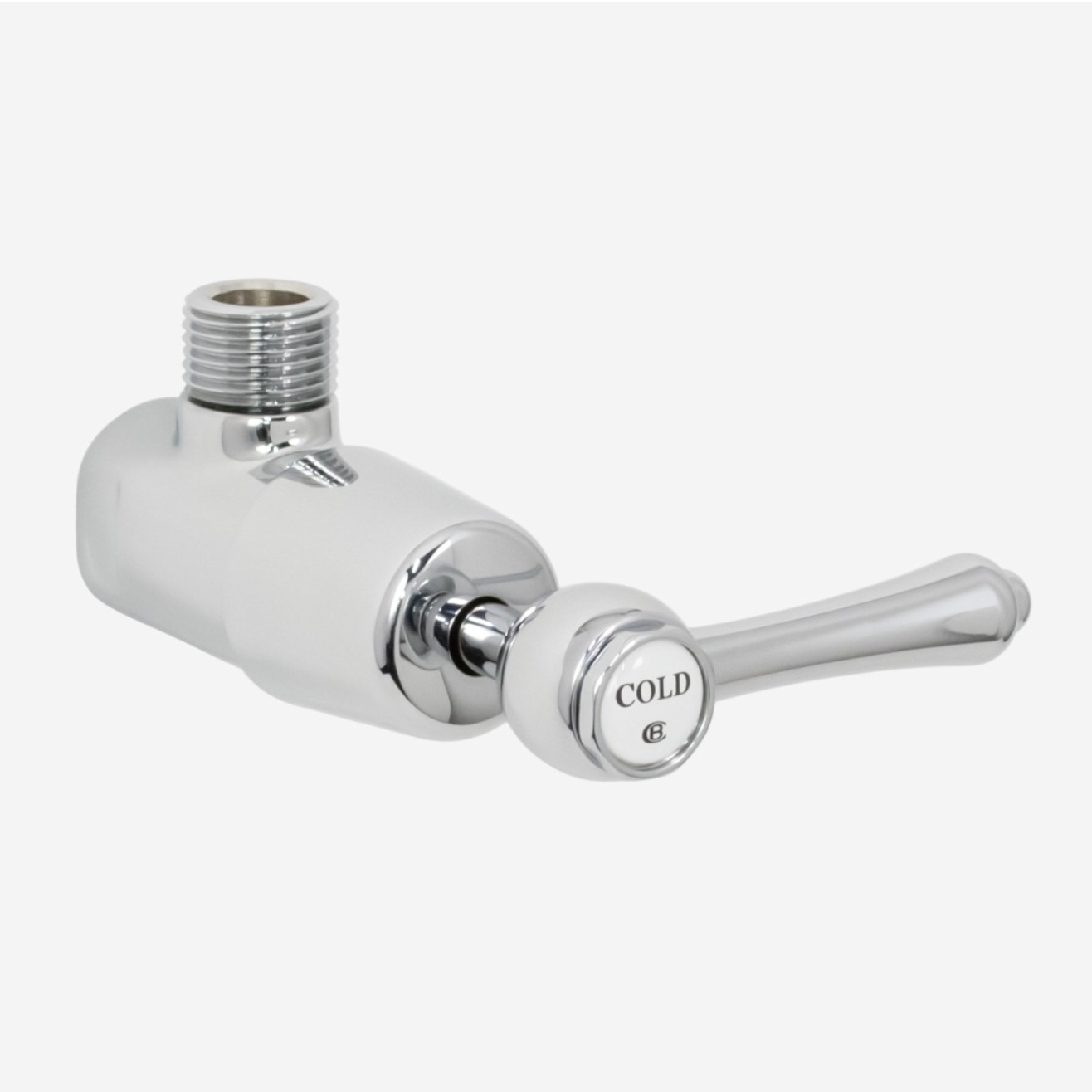 A chrome-plated wall-mounted shower valve trim with a side lever handle, featuring a threaded male connection and a round cold indicator knob.