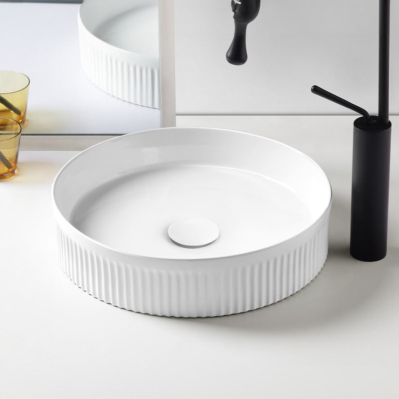 Paco Jaanson Corintha Ionic Fluted Gloss White Round Above Counter Basin 400mm