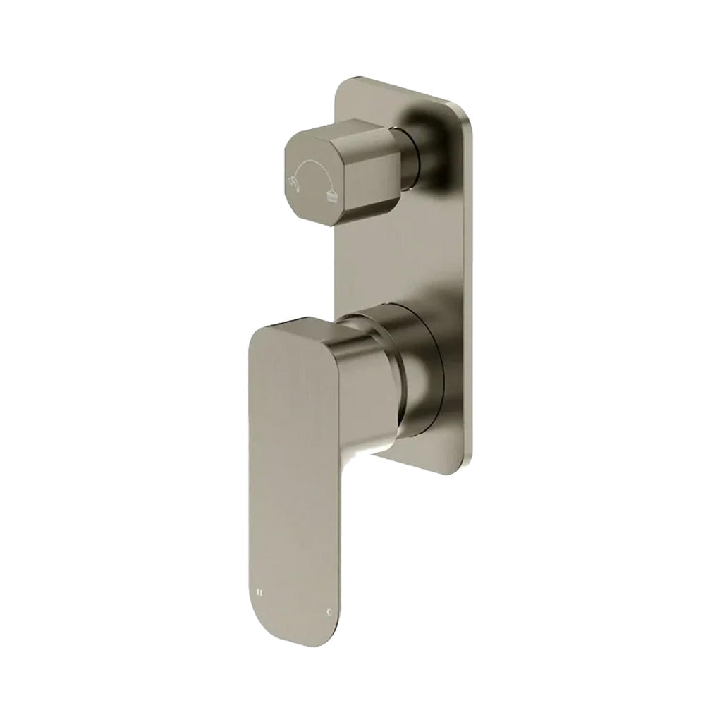 Brushed nickel bath/shower diverter mixer with a rotary diverter button and a square backplate.
