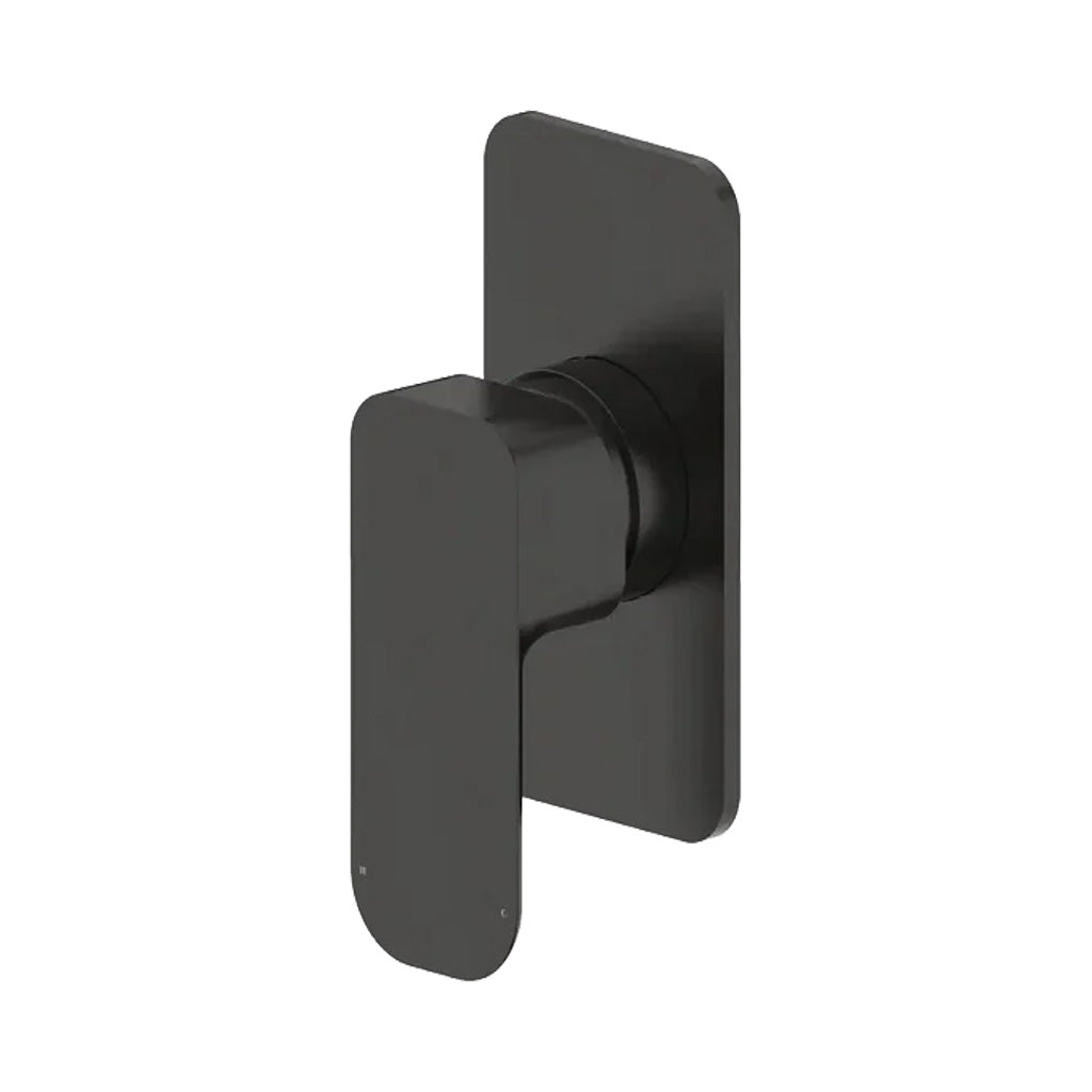 A gun metal PVD finish inwall water mixer tap with a slimline backplate and elegant handle design.