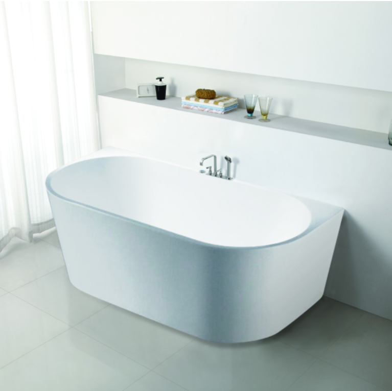 Modern freestanding back to wall bathtub with overflow in a bathroom setting 