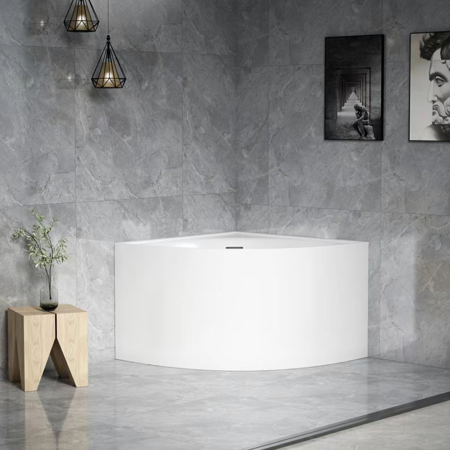 Modern bathroom with a white freestanding corner bathtub with overflow