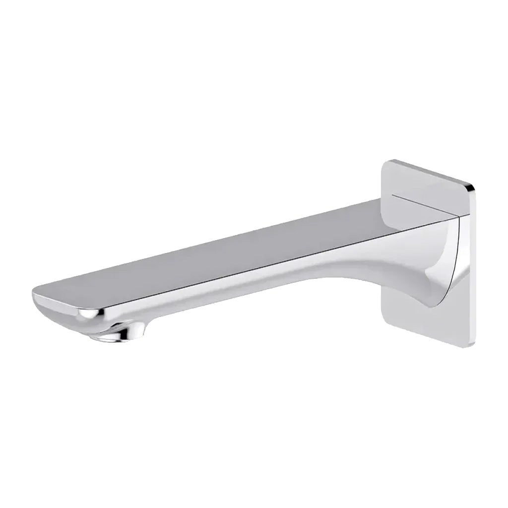 A chrome finish bath spout with a low-profile and slimline backplate design.