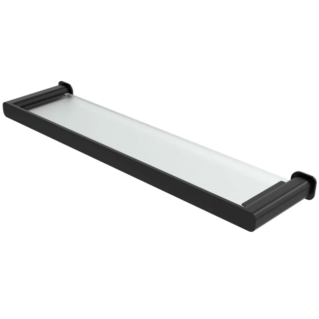 Long rectangular glass shower shelf with black frame 