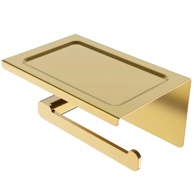 Gold toilet paper holder with flat phone ledge