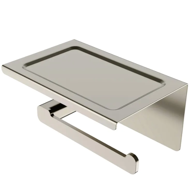 Metallic toilet paper holder with storage shelf