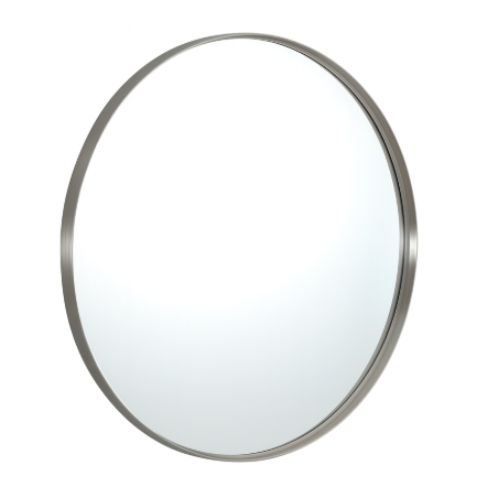 Round mirror with a silver frame on a white background