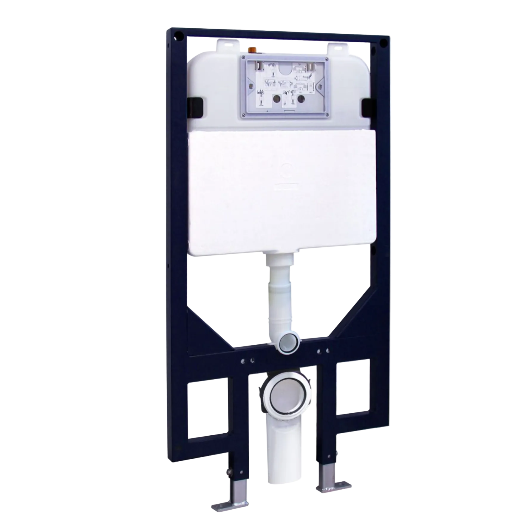 A wall-mounted toilet cistern and drain assembly with a white plastic tank, control dial, and white PVC pipe connected to a metal mounting frame 