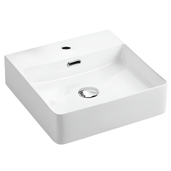 slimline Gloss White wall hung bathroom basin with tap hole and square overflow 420x420mm