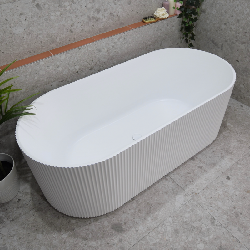  1700mm Oval  Fluted  Freestanding Acrylic Matte White Bath