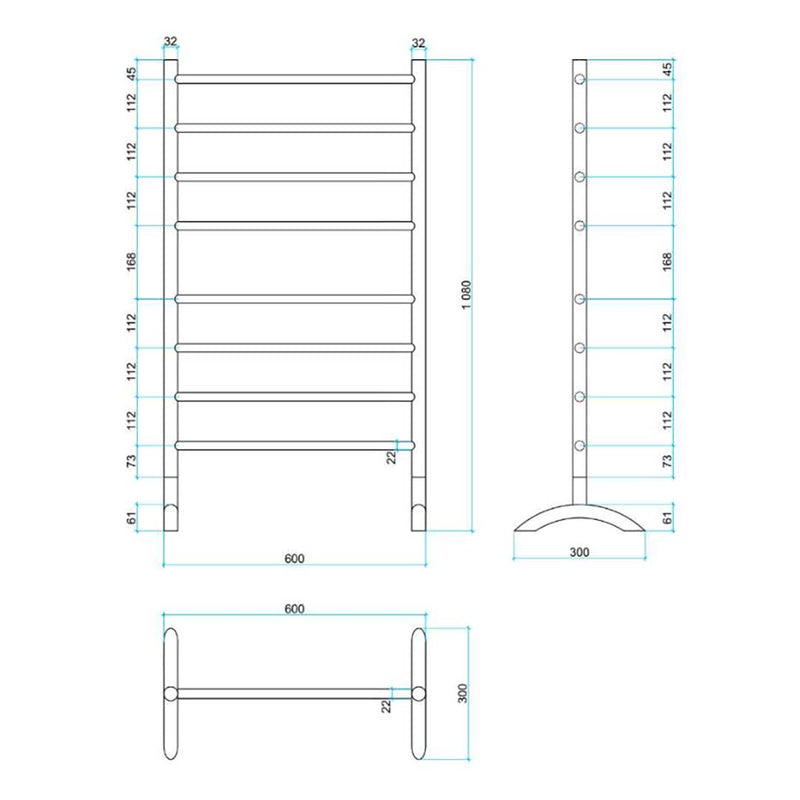 Thermogroup 8 Bar Straight Round Free-Standing Heated Towel Rail Polished Stainless Steel 600x1080mm