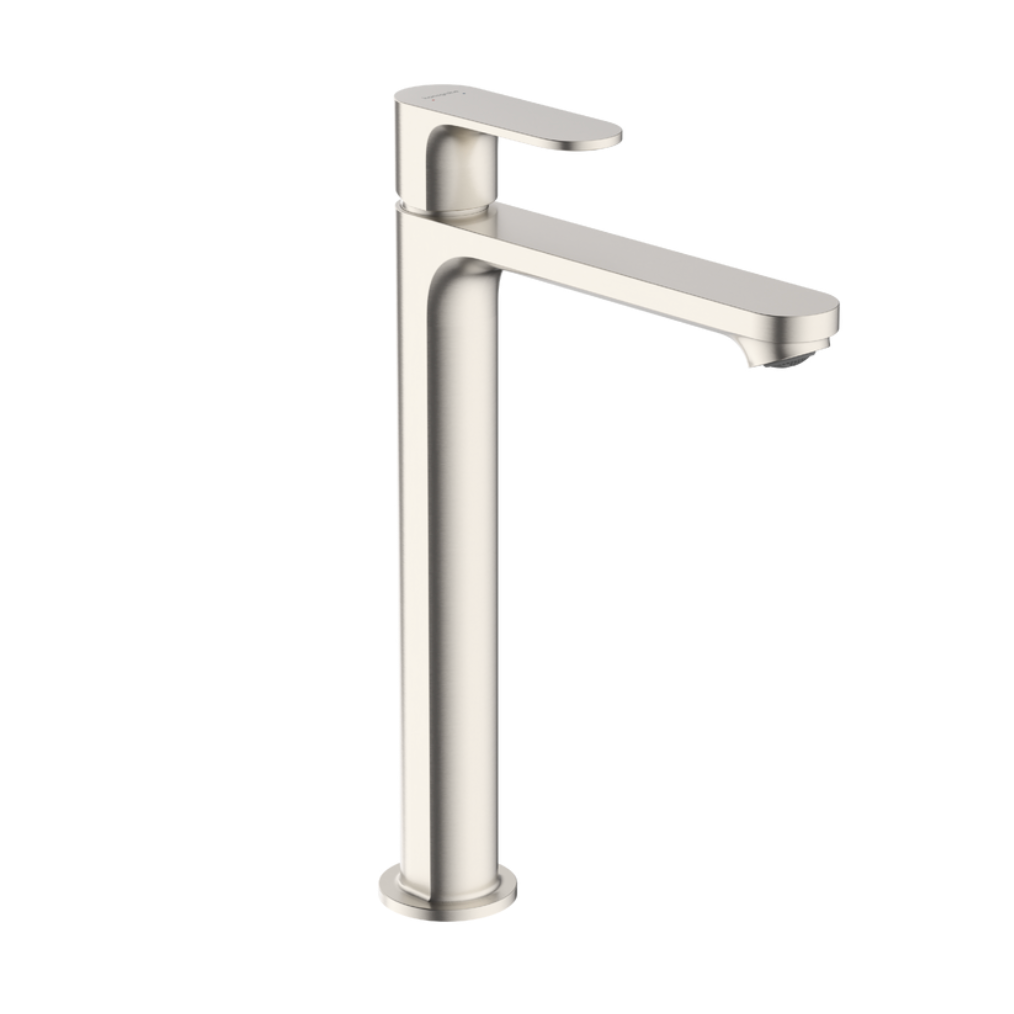 Brushed Nickel tall basin mixer suits above counter basins 