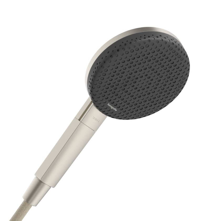 Hansgrohe Shower head with gold and black design with no visible spray nozzles