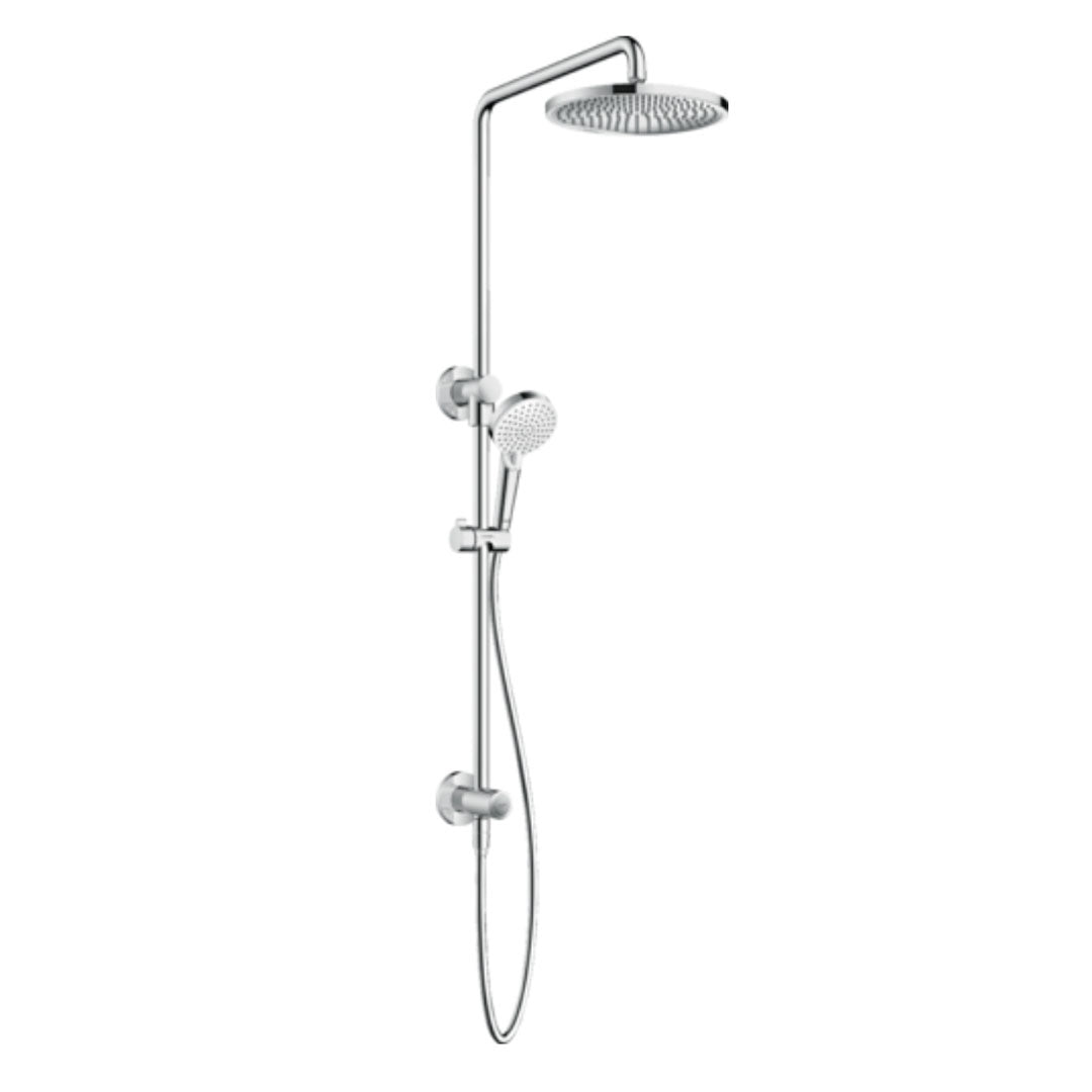 A chrome Hansgrohe Crometta S 240 Ecosmart combination rail shower with a handheld shower head, an integrated push-button diverter, and a flexible shower hose.