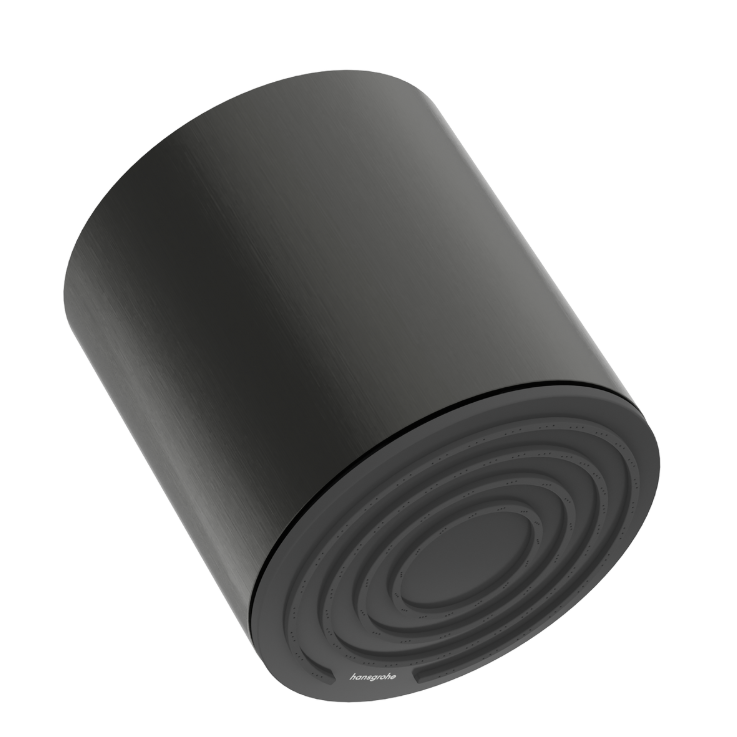 A cylindrical wall or ceiling mount shower head with a matte black body and a black concentric-ring water spray outlet visible at the bottom.