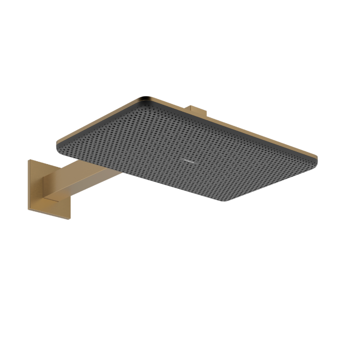 A square  Hansgrohe rain shower head with a matte dark gray textured faceplate and a brushed gold wall-mounted bracket.
