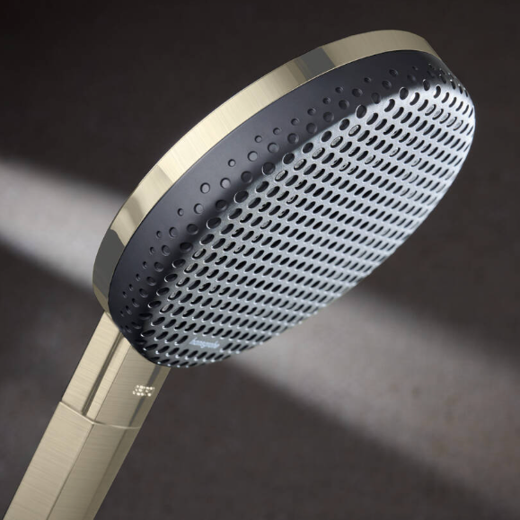 Hansgrohe Shower head with gold and black design with no visible spray nozzles