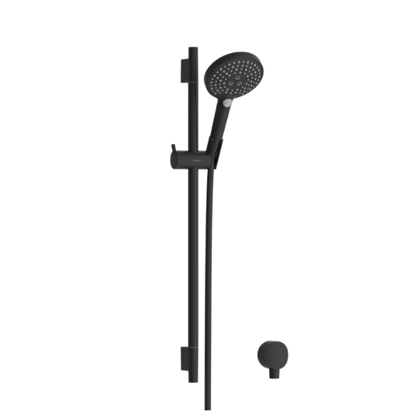 Black shower head and hose on a round rail