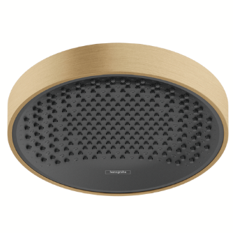 A Brushed Bronze Hansgrohe Rainfinity 250 jet overhead shower head with a visible brand marking.