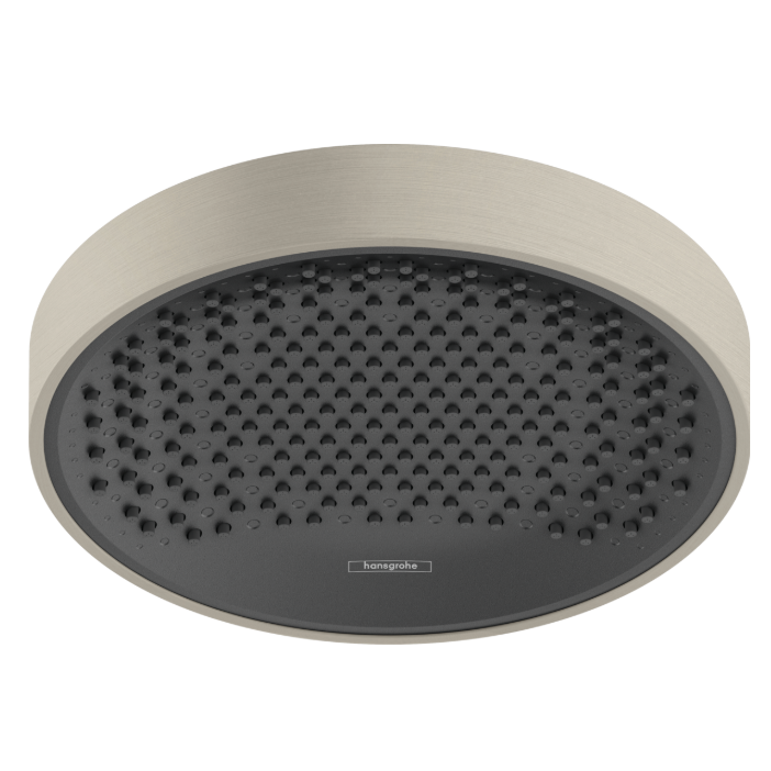 A Brushed Nickel Hansgrohe Rainfinity 250 jet overhead shower head with a visible brand marking.