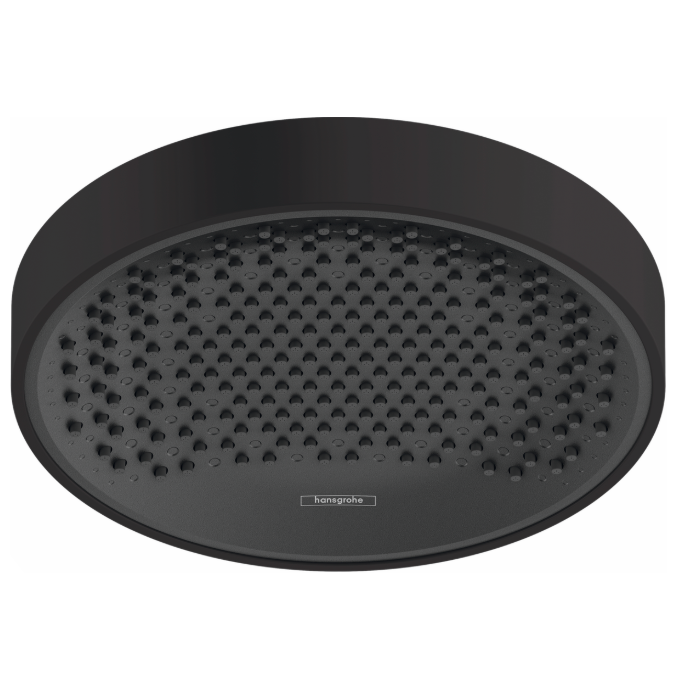 A Matte Black Hansgrohe Rainfinity 250 jet overhead shower head with a visible brand marking.